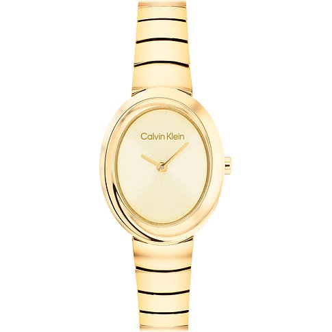Calvin Klein dameshorloge van goudkleurig roestvrij staal met een ovale wijzerplaat en glanzende band.
