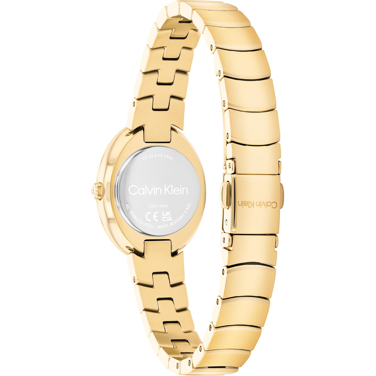 Rückansicht der goldenen Calvin Klein Damenuhr aus Edelstahl, mit Fokus auf die gravierte Gehäuserückseite und das Armband.