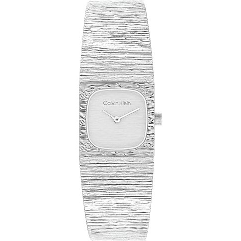 Calvin Klein Damenuhr aus Edelstahl im Querformat, mit rechteckigem Zifferblatt und silberfarben strukturiertem Armband.
