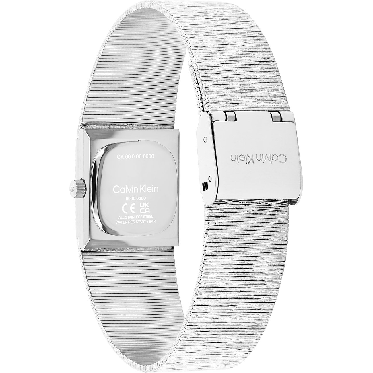 Rückansicht einer Calvin Klein Damenuhr aus Edelstahl mit einem gravierten Gehäuseboden und einer Calvin Klein Schließe.