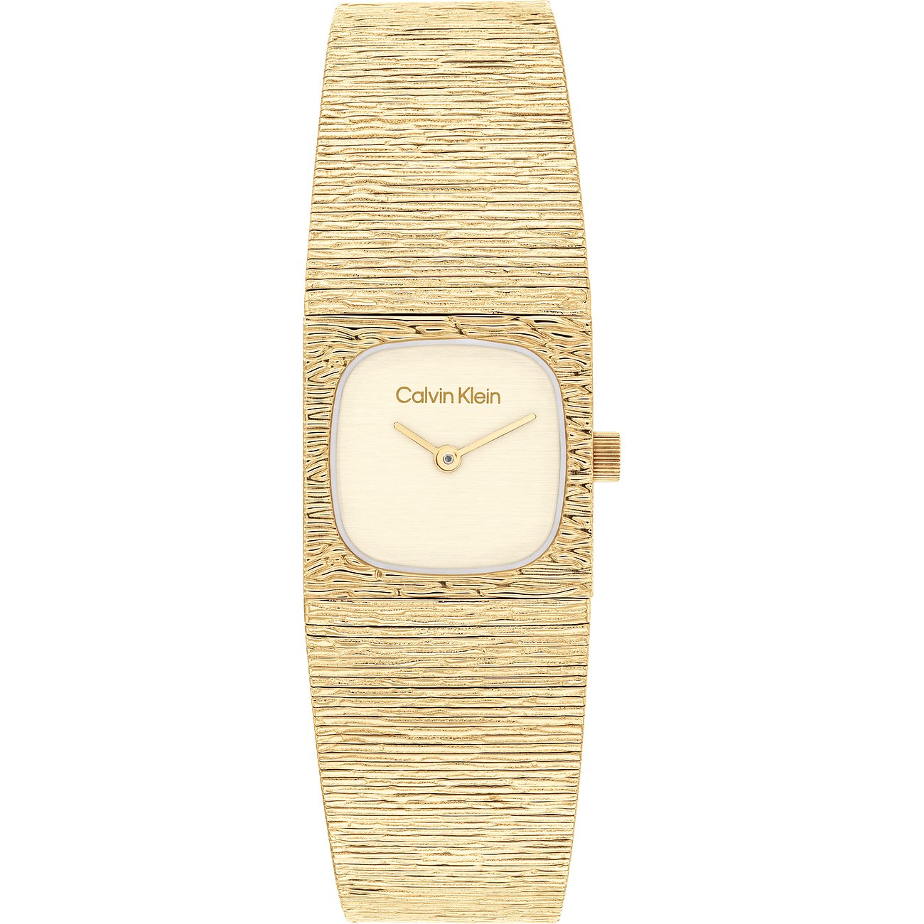 Calvin Klein Damenuhr aus goldfarbenem Edelstahl mit strukturiertem Armband und cremefarbenem Zifferblatt.