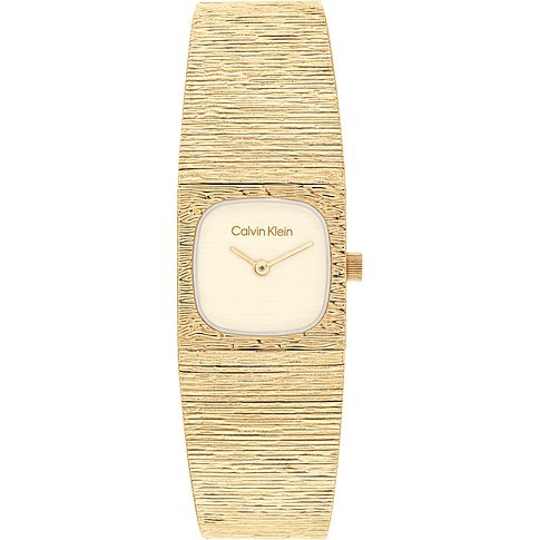 Calvin Klein Damenuhr aus goldfarbenem Edelstahl mit strukturiertem Armband und cremefarbenem Zifferblatt.