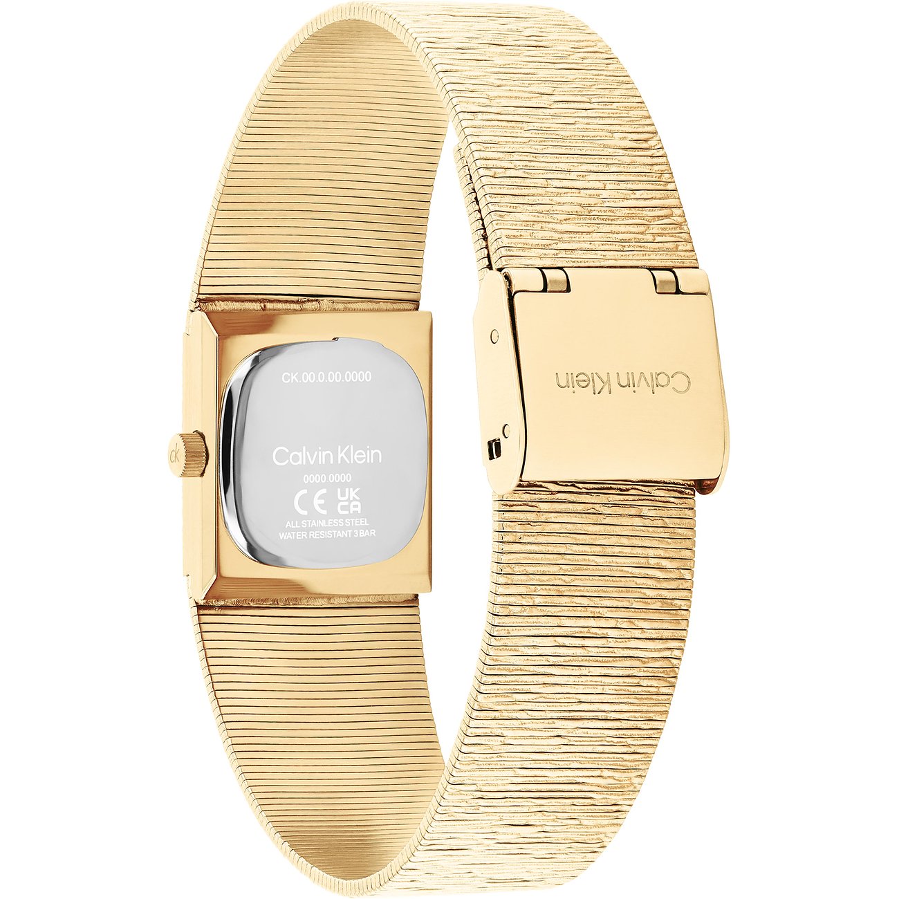 Rückansicht einer Calvin Klein Damenuhr aus goldfarbenem Edelstahl mit Milanaise-Armband und graviertem Gehäuseboden.