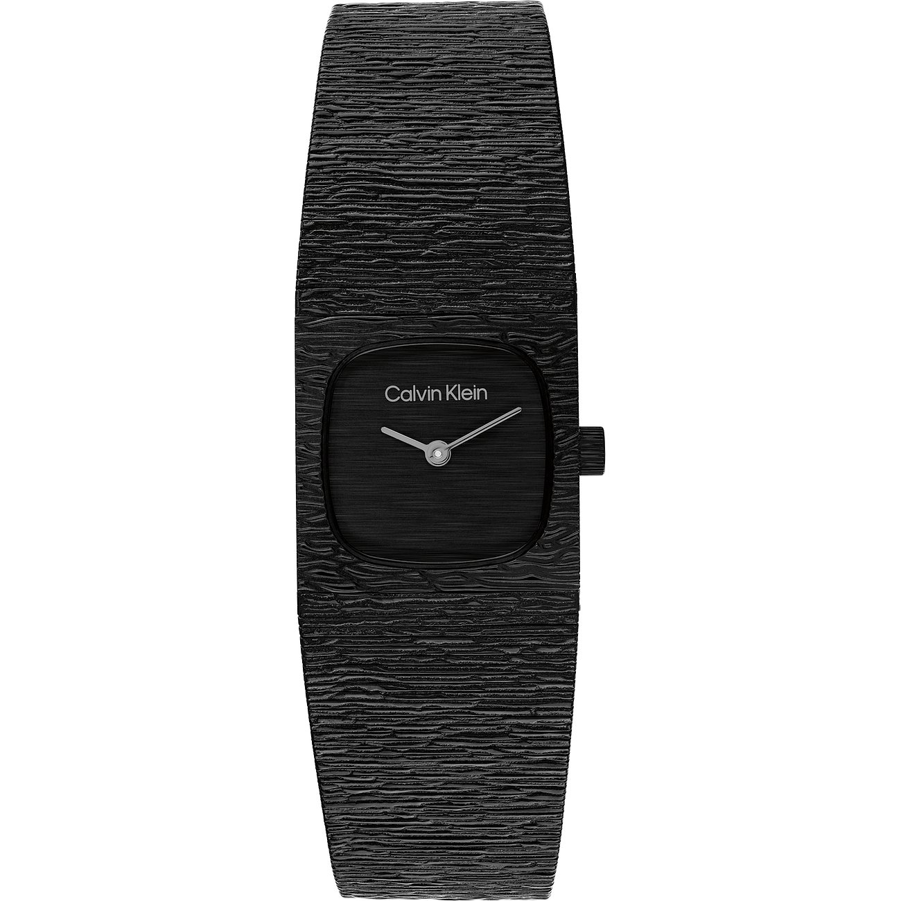 Nahaufnahme einer Calvin Klein Damenuhr aus schwarzem Edelstahl mit strukturiertem Band und quadratischem Zifferblatt.