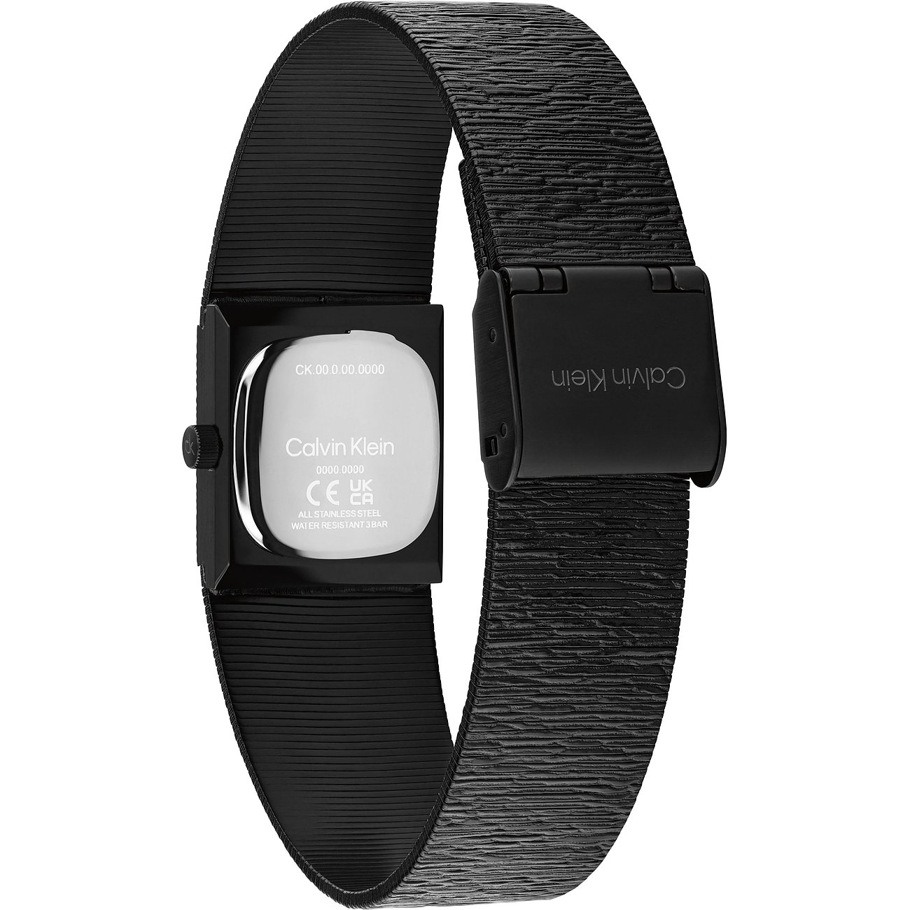 Die Rückansicht einer Calvin Klein Damenuhr aus schwarzem Edelstahl mit graviertem Logo und Details auf der Rückseite.
