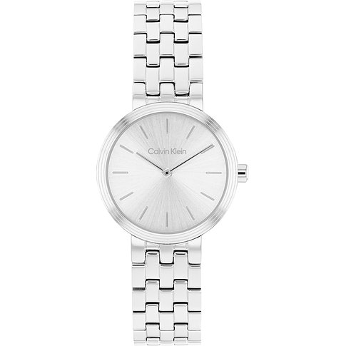 Calvin Klein dameshorloge van roestvrij staal, liggend, met een zilveren wijzerplaat en zilverkleurige wijzers.