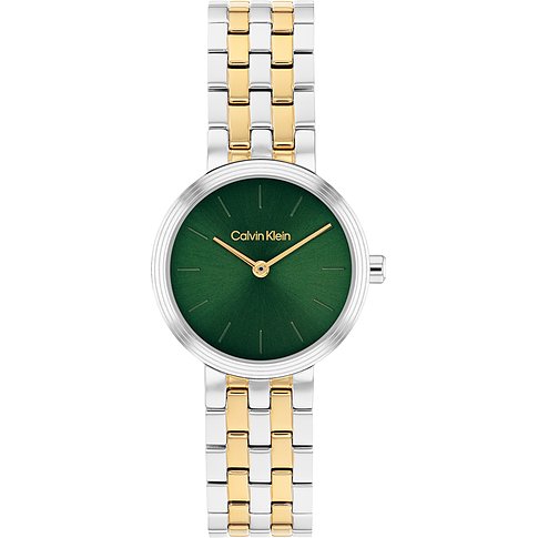 Close-up van een Calvin Klein dameshorloge van roestvrij staal met een zilverkleurige kast en een groene wijzerplaat.