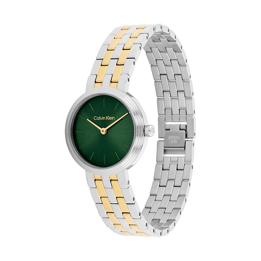 Calvin Klein Damenuhr aus Edelstahl mit silber- und goldfarbenem Gliederarmband und grünem Zifferblatt.