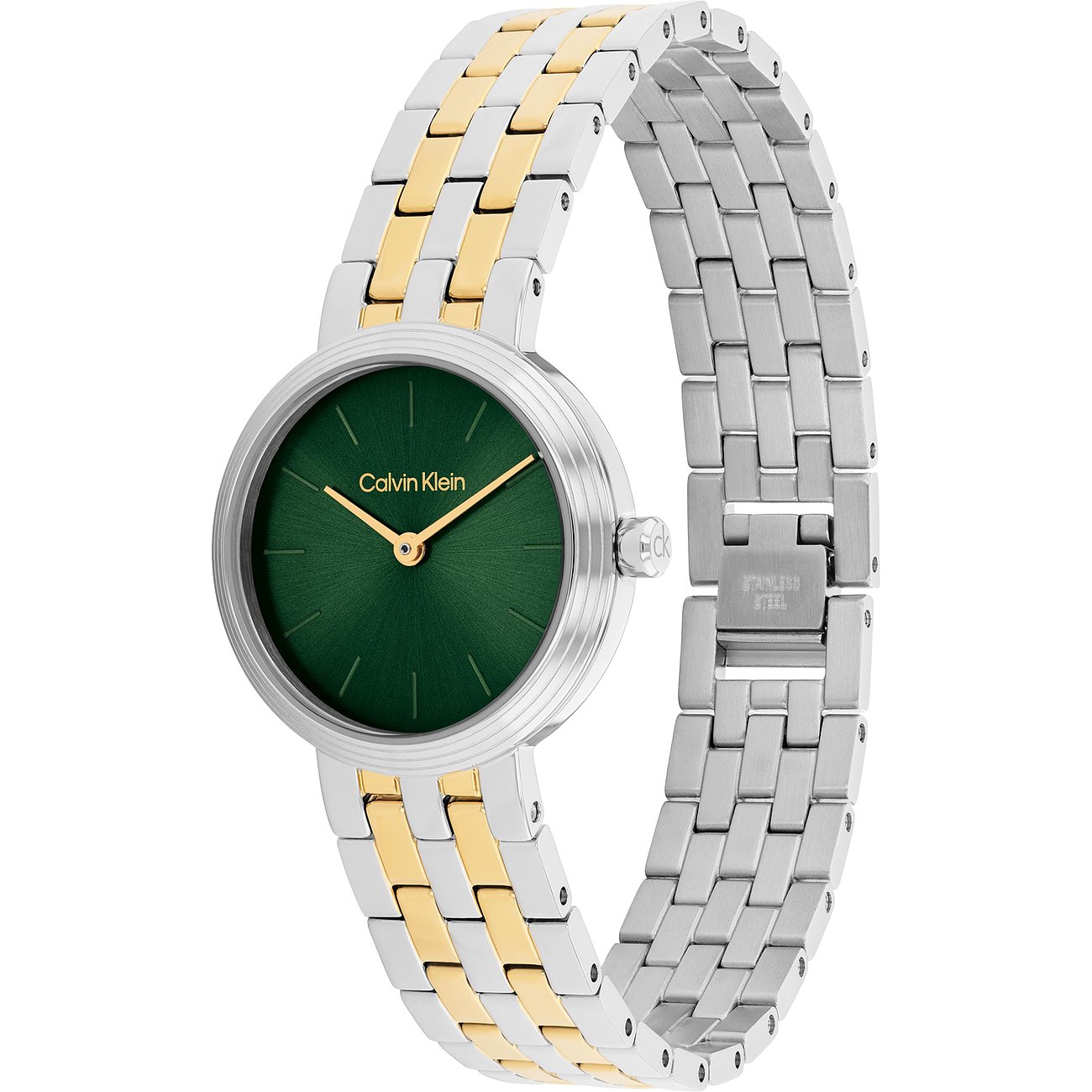 Calvin Klein Damenuhr aus Edelstahl mit silber- und goldfarbenem Gliederarmband und grünem Zifferblatt.