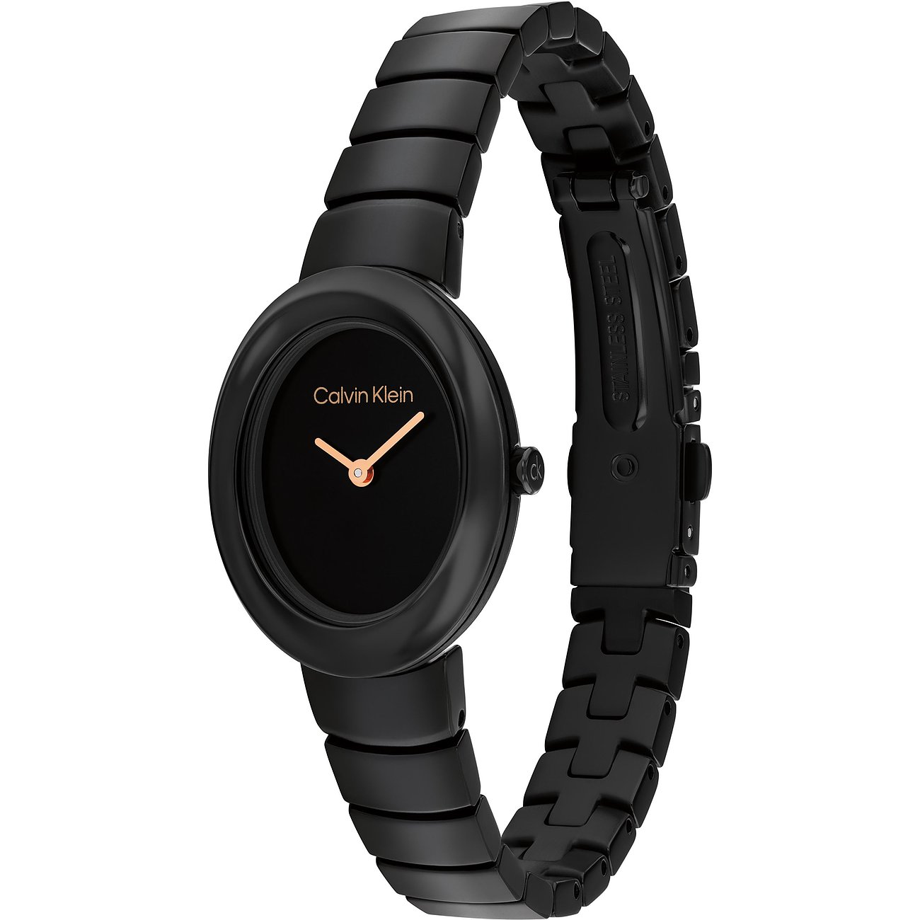 Nahaufnahme einer schwarzen Calvin Klein Damenuhr aus Edelstahl mit ovalem Zifferblatt und roségoldenen Zeigern.