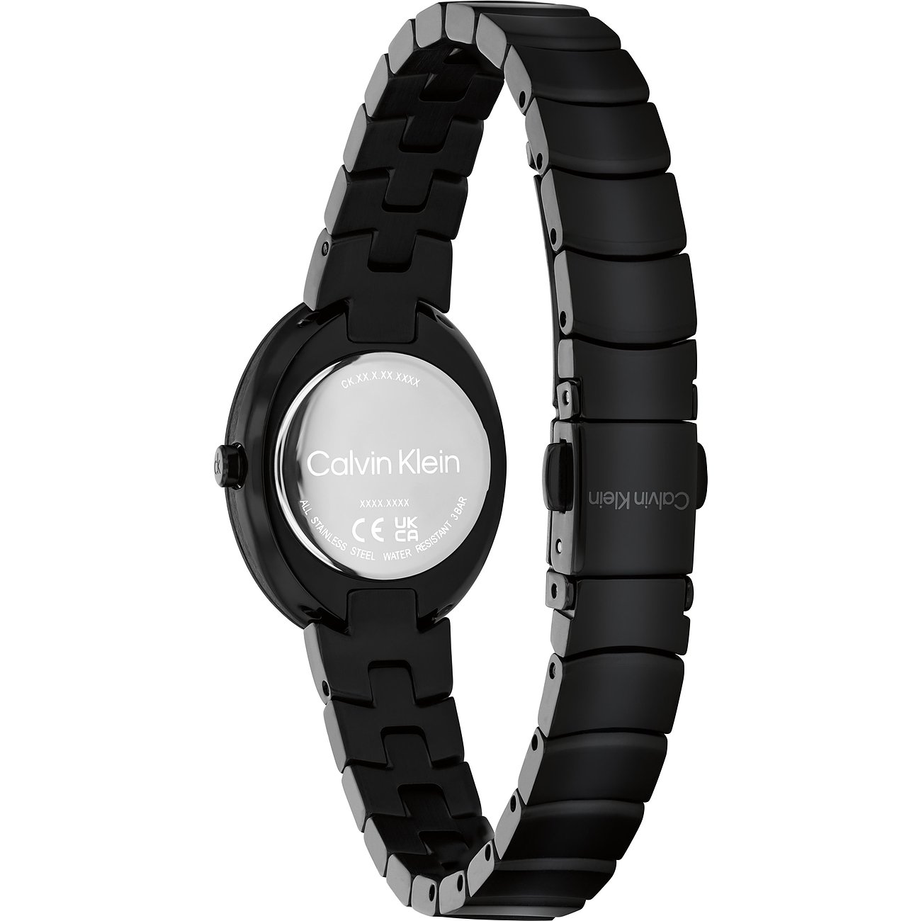 Rückansicht einer schwarzen Calvin Klein Damenuhr aus robustem Edelstahl. Details wie das Markenlogo sind gut lesbar.