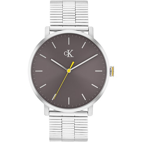 Calvin Klein Herrenuhr aus Edelstahl mit rundem, grauem Zifferblatt, silberfarbenen Indexen und gelbem Sekundenzeiger.
