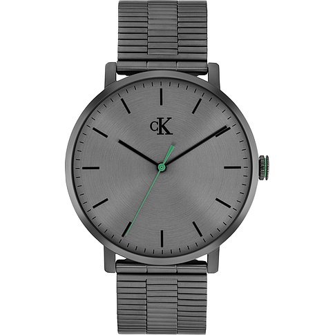 Calvin Klein Herrenuhr aus anthrazitfarbenem Edelstahl mit grauem Zifferblatt und grünem Sekundenzeiger.