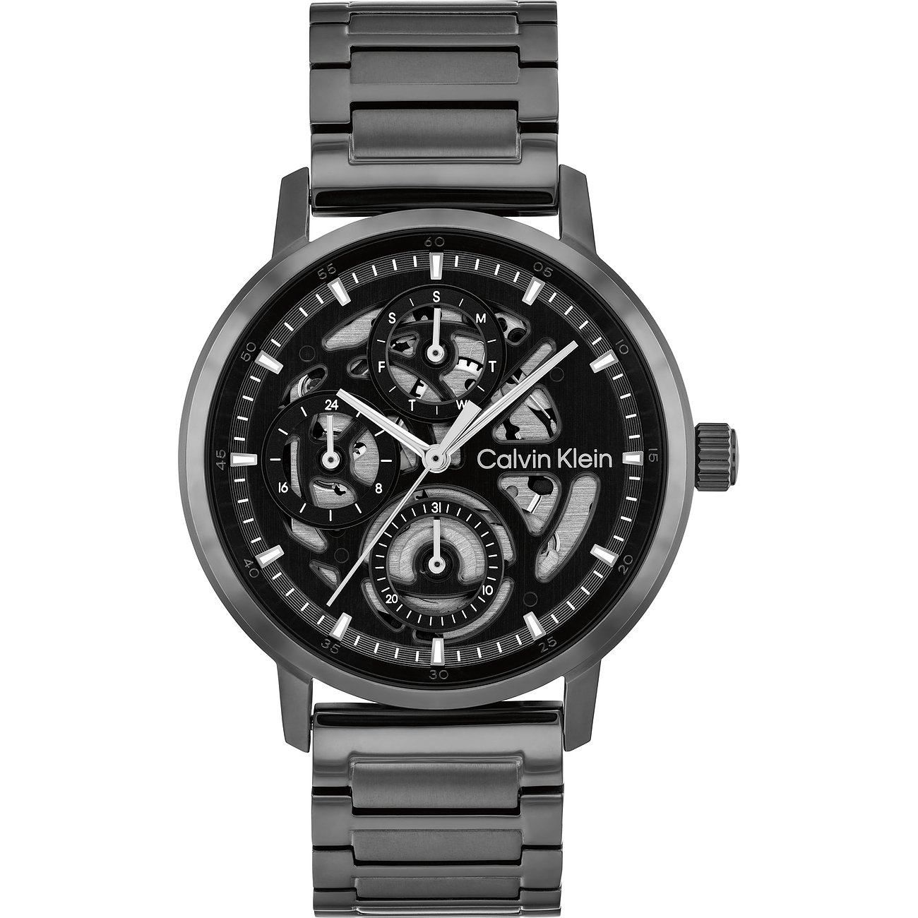 Calvin Klein Herrenuhr aus Edelstahl mit dunklem Zifferblatt, offenem Uhrwerk und Gliederarmband.