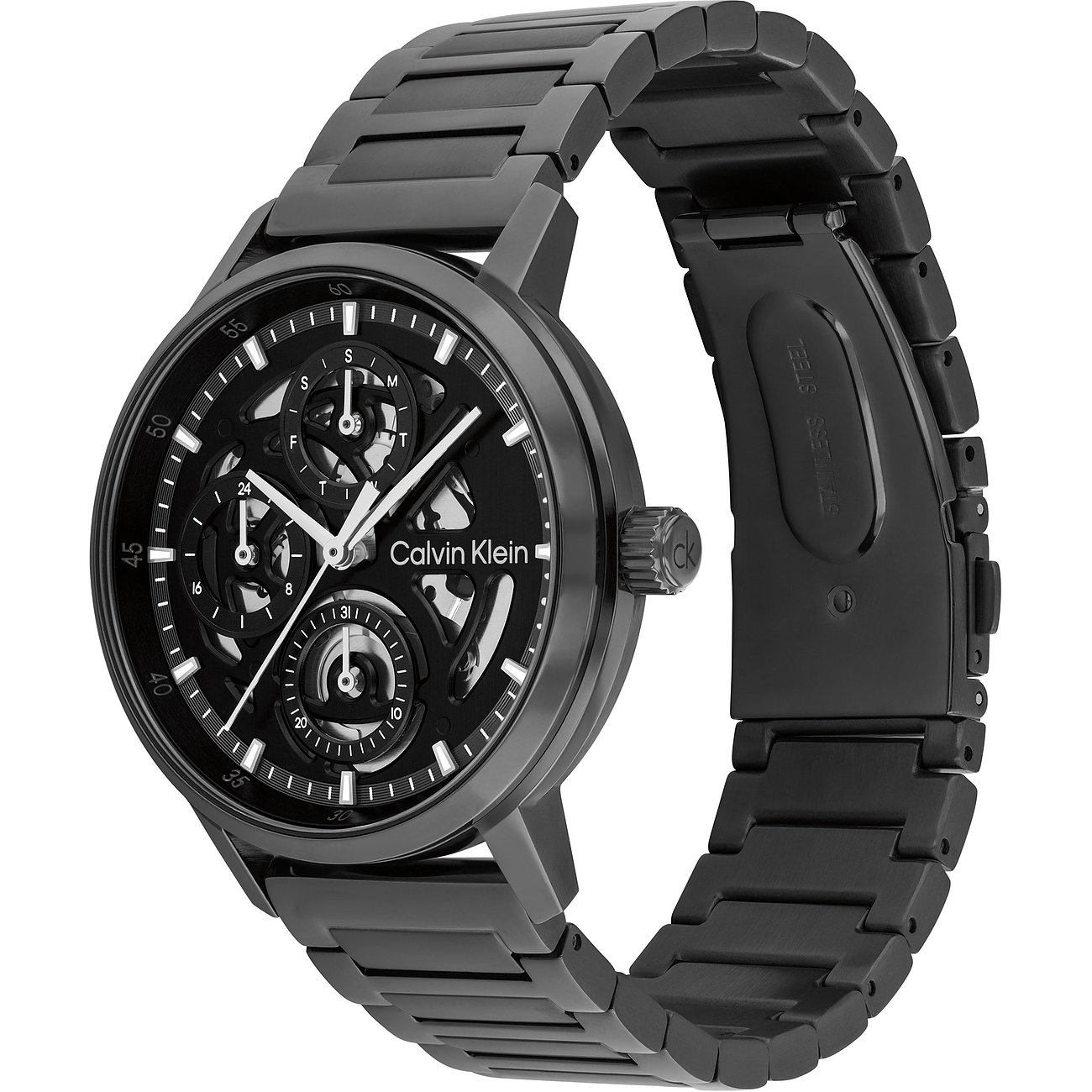 Eine schwarze Calvin Klein Herrenuhr aus Edelstahl mit einem Skelettzifferblatt und schwarzem Armband.