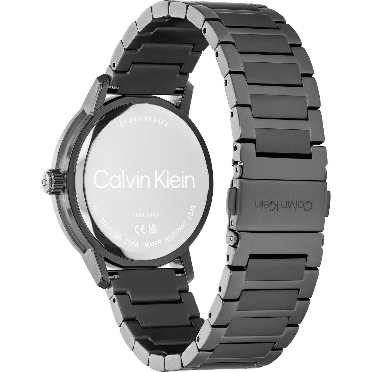 Rückansicht einer Calvin Klein Herrenuhr aus dunkelgrauem Edelstahl mit eingraviertem Markenlogo.