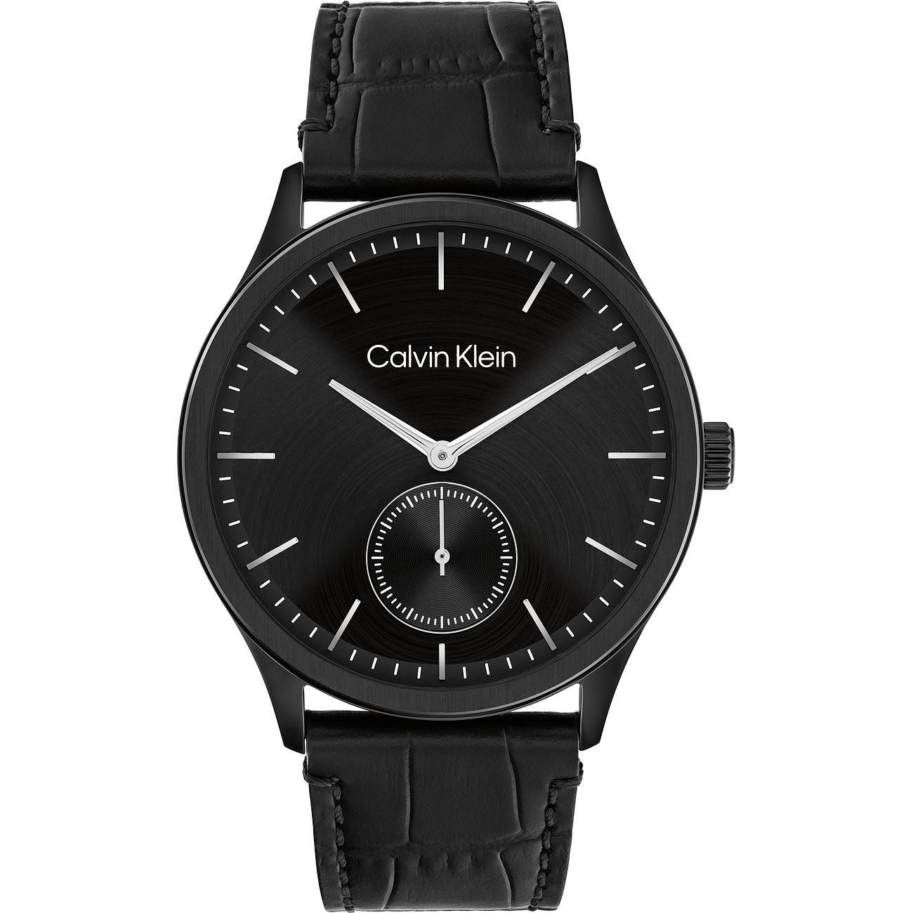 Calvin Klein Herrenuhr aus schwarzem Edelstahl mit schwarzem Zifferblatt und Lederarmband.