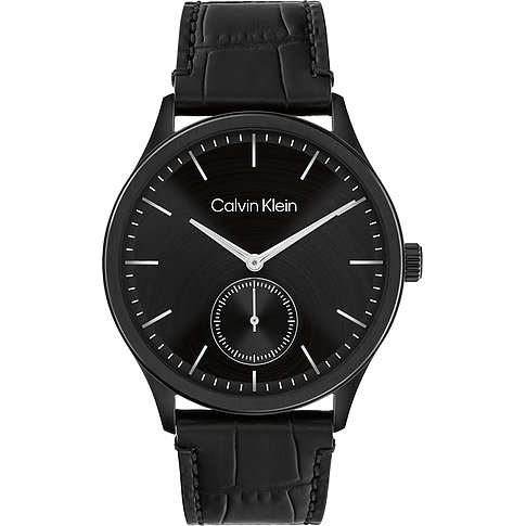Calvin Klein herenhorloge van zwart roestvrij staal met zwarte wijzerplaat en lederen band.