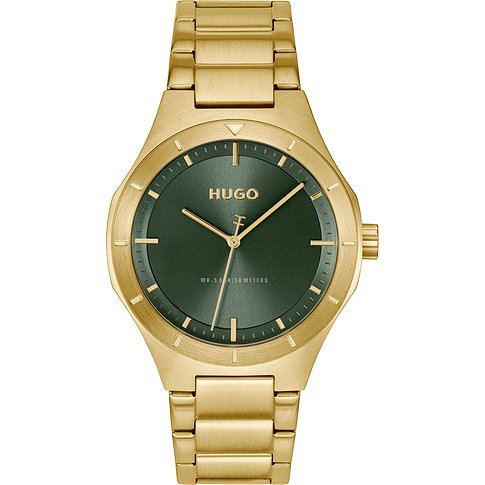 Hugo Herrenuhr aus goldfarbenem Edelstahl mit dunkelgrünem Zifferblatt und goldenen Zeigern.