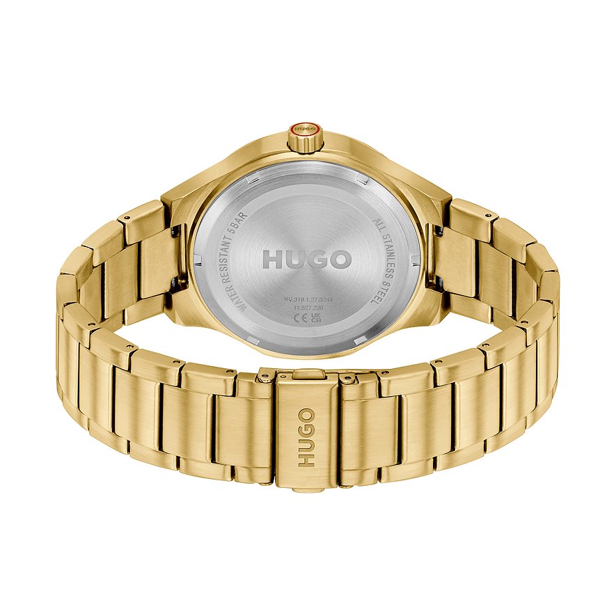 Rückansicht der Hugo Herrenuhr aus goldfarbenem Edelstahl, die Details auf dem Gehäuseboden zeigt.