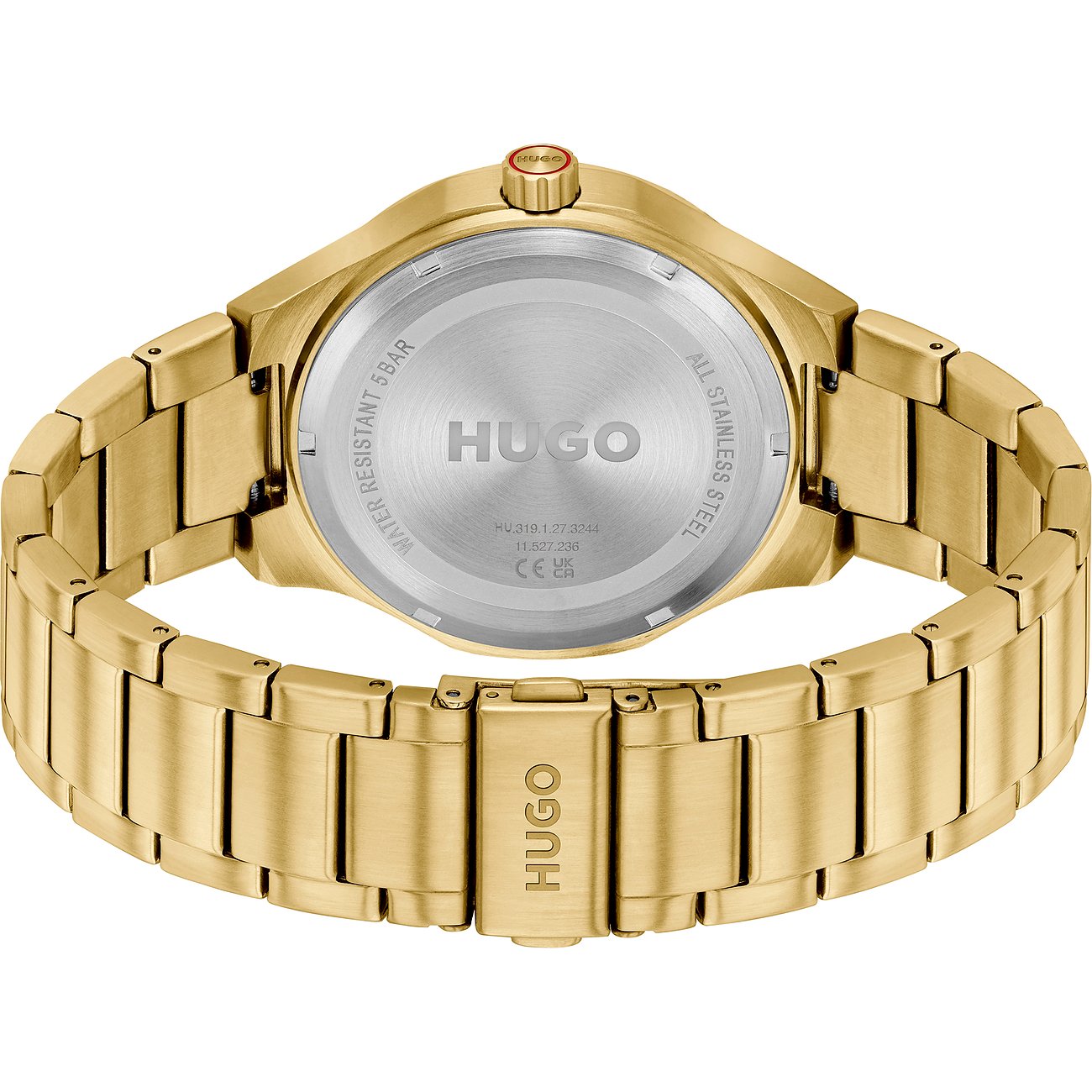 Rückansicht der Hugo Herrenuhr aus goldfarbenem Edelstahl, die Details auf dem Gehäuseboden zeigt.