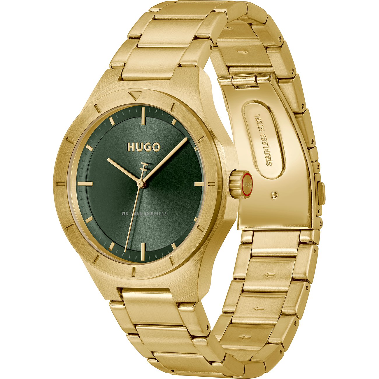 Hugo Herrenuhr aus gelbgoldenem Edelstahl mit dunkelgrünem Zifferblatt und goldfarbenen Zeigern und Indexen.