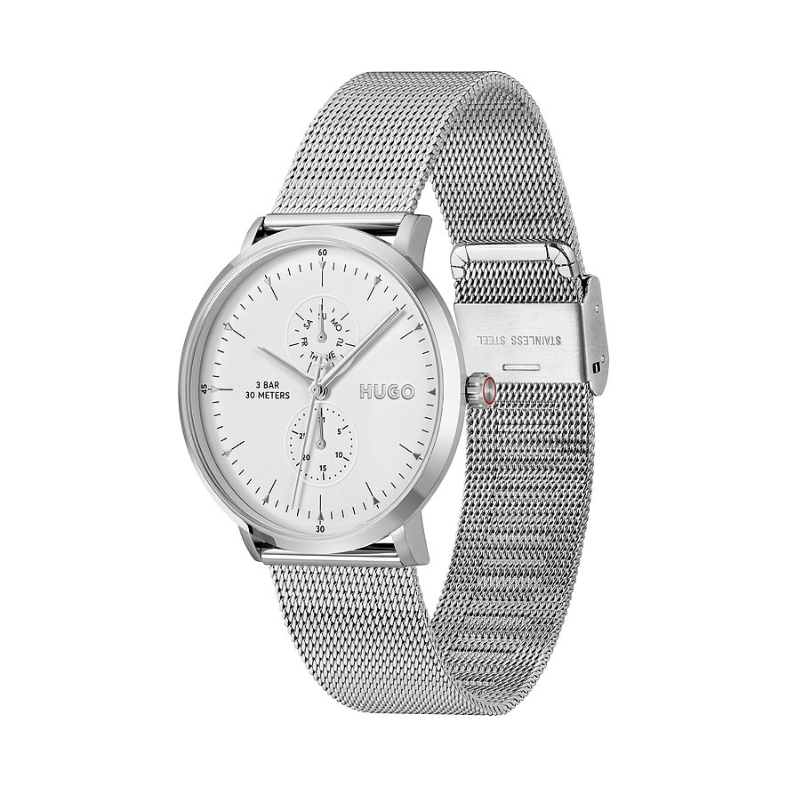 Het Hugo herenhorloge is gemaakt van roestvrij staal. Het heeft een zilverkleurige kast en een stijlvolle witte wijzerplaat.