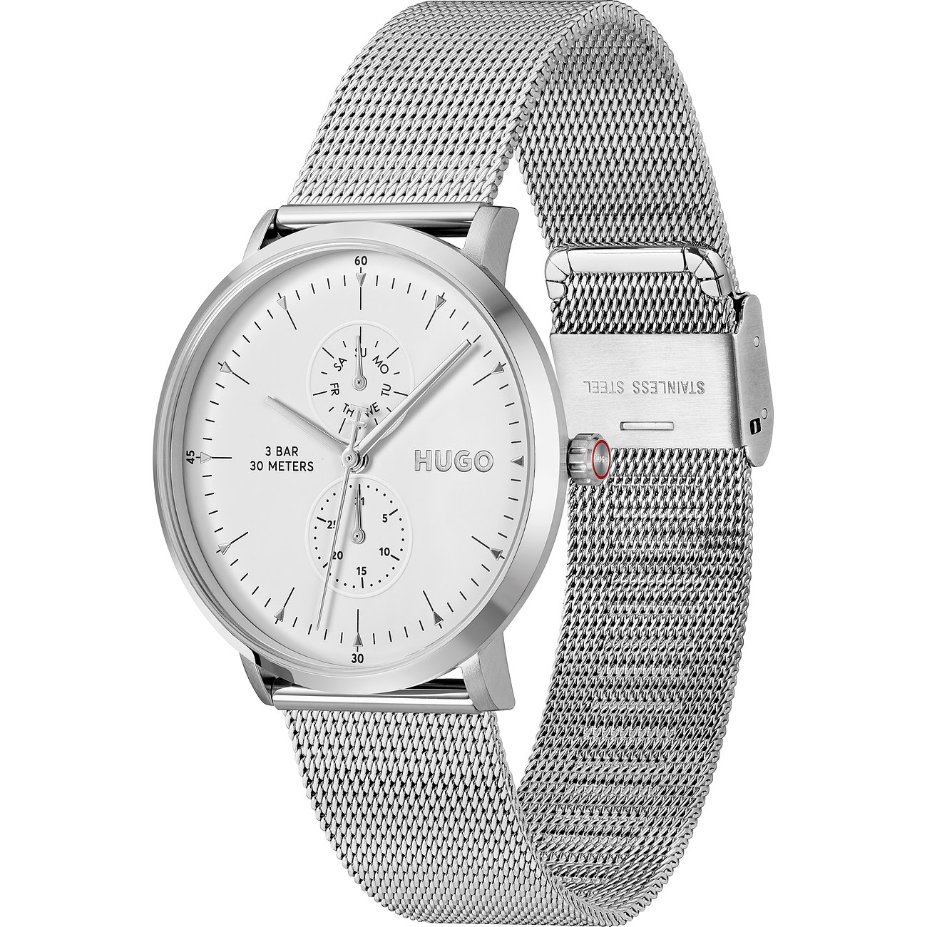 Het Hugo herenhorloge is gemaakt van roestvrij staal. Het heeft een zilverkleurige kast en een stijlvolle witte wijzerplaat.
