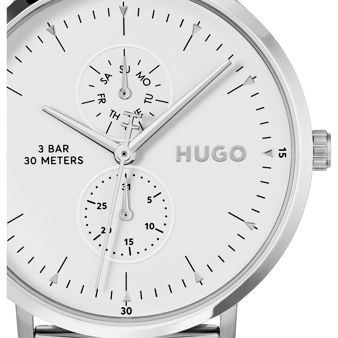 Close-up van het Hugo herenhorloge van roestvrij staal met witte wijzerplaat en drie subdials.