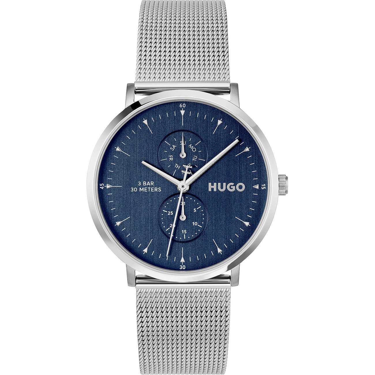 Hugo herenhorloge van roestvrij staal met zilverkleurige Milanese band en blauwe wijzerplaat