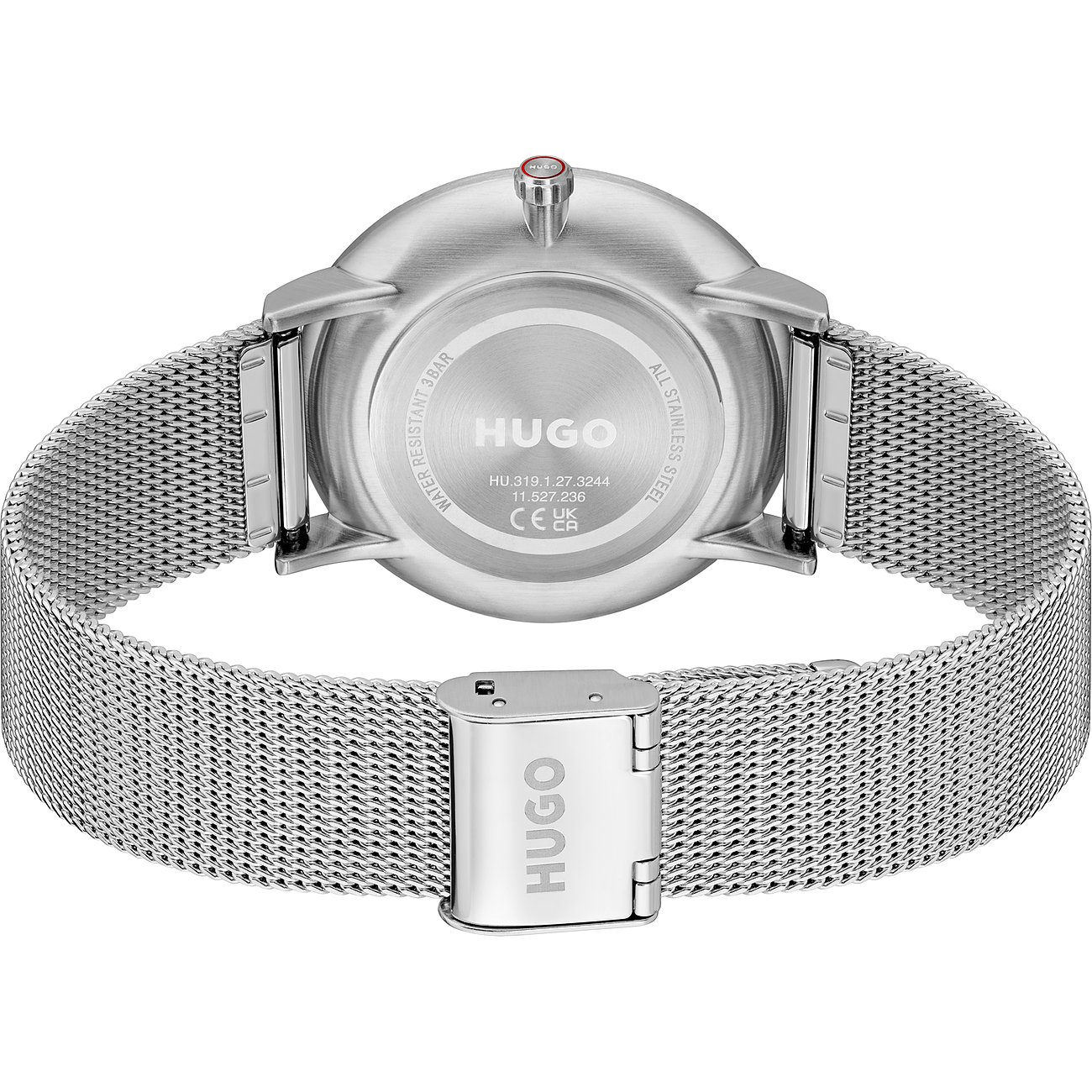 Achteraanzicht Hugo herenhorloge edelstaal met Milanese band en gestanst merklogo op de sluiting.