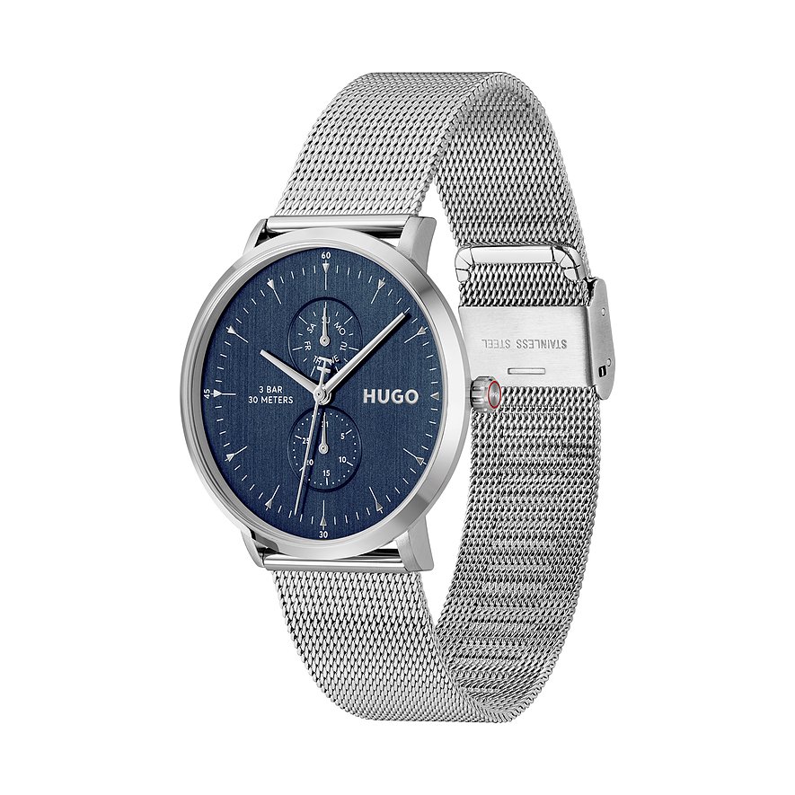 Hugo herenhorloge met blauwe wijzerplaat en zilverkleurig roestvrij staal. Het horloge heeft een Milanese band.