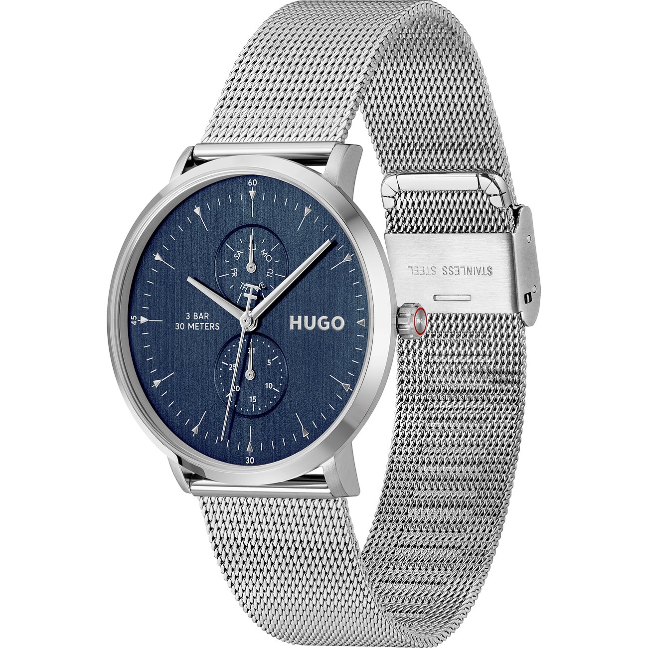 Hugo herenhorloge met blauwe wijzerplaat en zilverkleurig roestvrij staal. Het horloge heeft een Milanese band.
