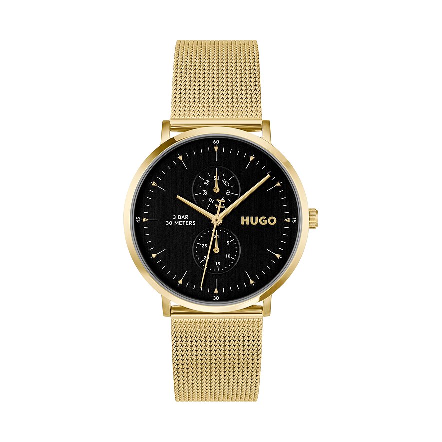 Hugo Herrenuhr aus goldfarbenem Edelstahl mit schwarzem Zifferblatt und goldenem Milanaise-Armband.