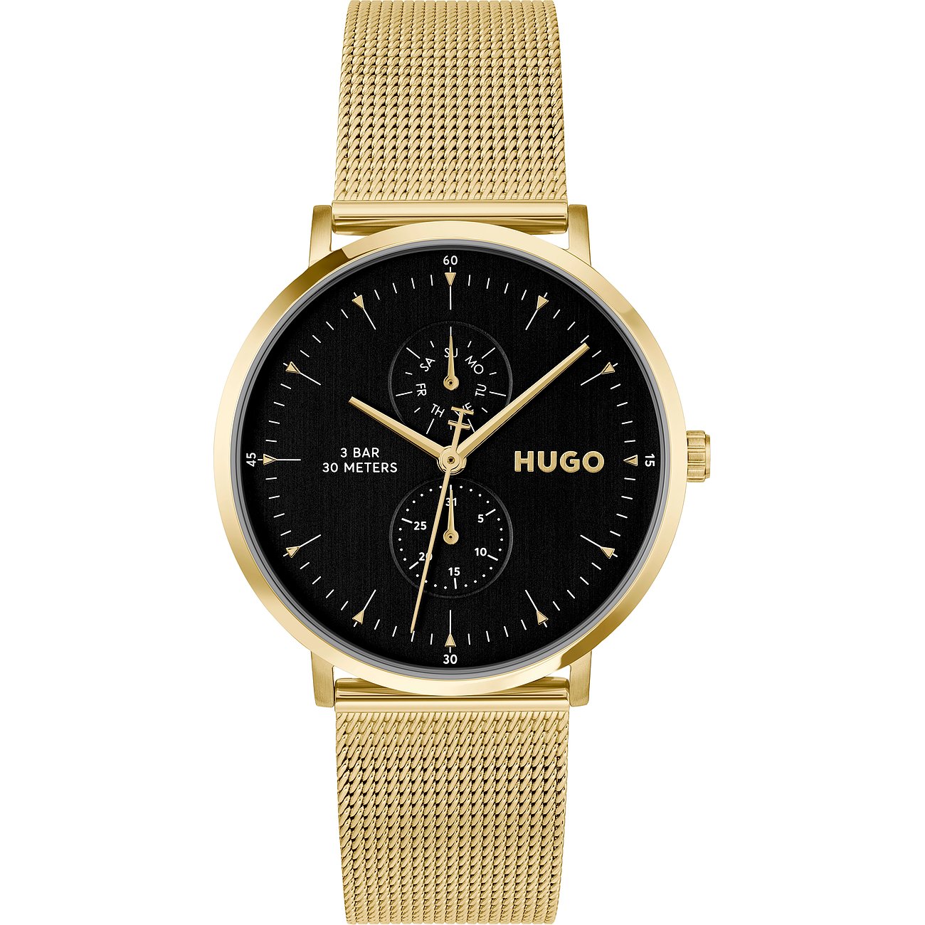 Hugo Herrenuhr aus goldfarbenem Edelstahl mit schwarzem Zifferblatt und goldenem Milanaise-Armband.