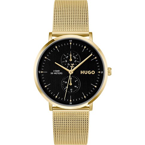 Hugo Herrenuhr aus goldfarbenem Edelstahl mit schwarzem Zifferblatt und goldenem Milanaise-Armband.