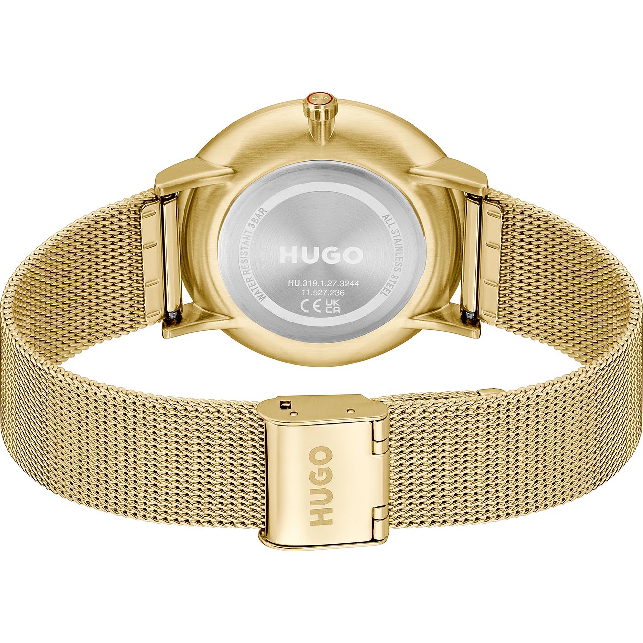 Die Rückseite einer goldenen Hugo Herrenuhr aus Edelstahl mit einem silbernen Gehäuseboden und Milanaise-Armband.