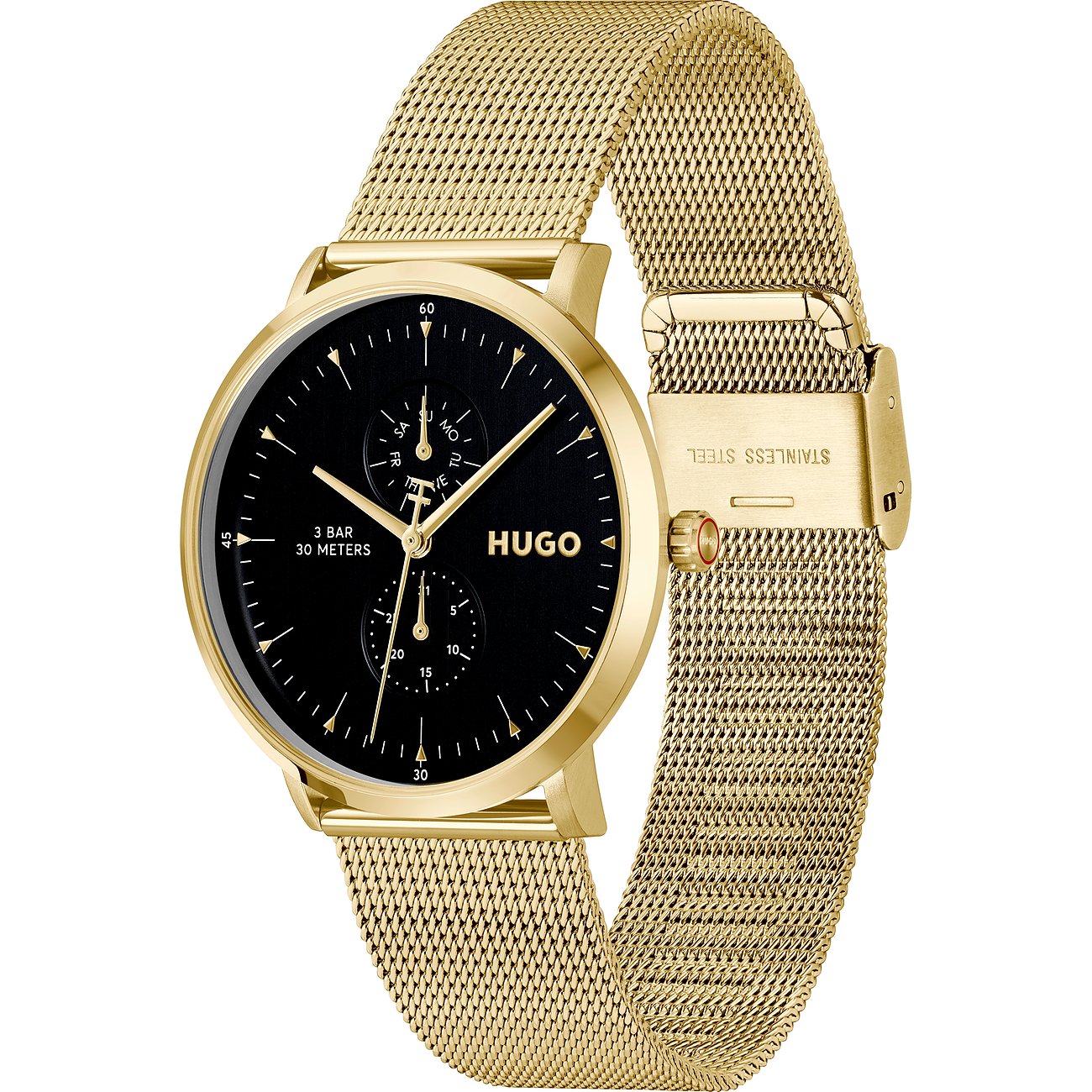 Hugo Herrenuhr aus goldfarbenem Edelstahl mit schwarzem Zifferblatt und Mesh-Armband, schräg von vorne.
