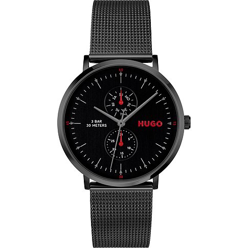 Hugo Herrenuhr aus schwarzem Edelstahl mit schwarzem Zifferblatt, roten Akzenten und drei kleinen Zifferblättern.