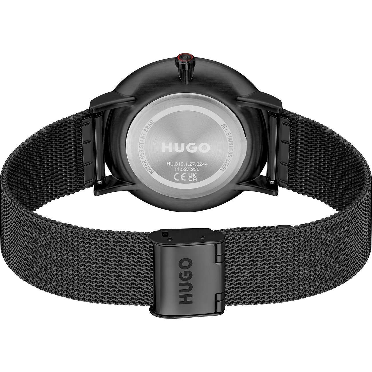 Achterkant van een HUGO herenhorloge van zwart roestvrij staal met Milanese band en gegraveerde achterdeksel.