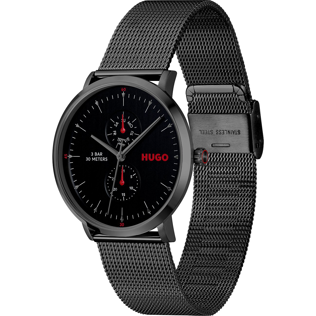 Hugo herenhorloge in zwart roestvrij staal van opzij, met een zwarte wijzerplaat en rode accenten.