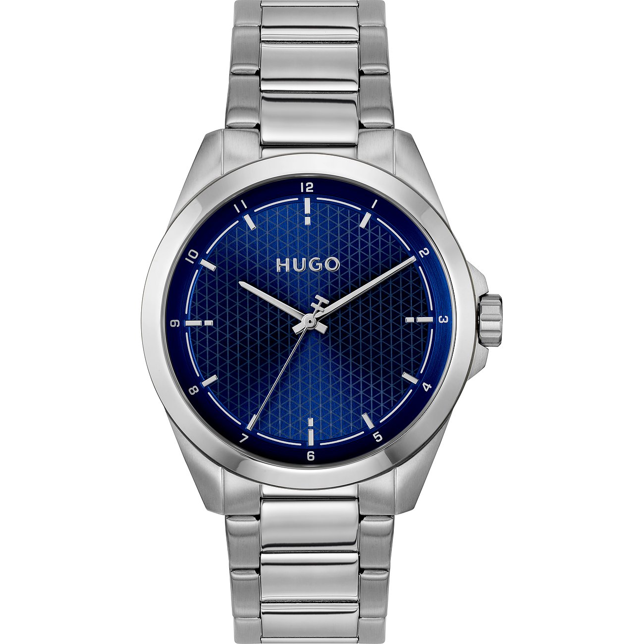 Hugo herenhorloge van zilverkleurig roestvrij staal. Donkerblauwe wijzerplaat met fijn patroon en witte wijzers.