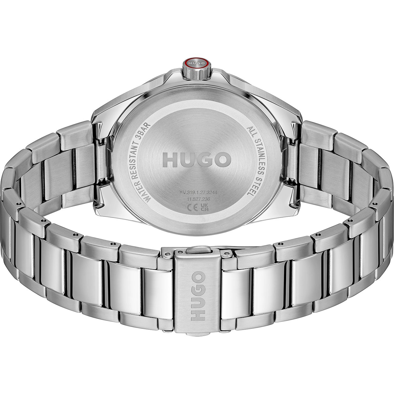 Achterkant van een Hugo herenhorloge van roestvrij staal met gegraveerd logo en details op de achterkast.