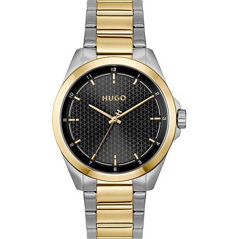 Hugo Herrenuhr aus gold- und silberfarbenem Edelstahl mit schwarzem Zifferblatt und goldfarbenen Zeigern und Indexen.