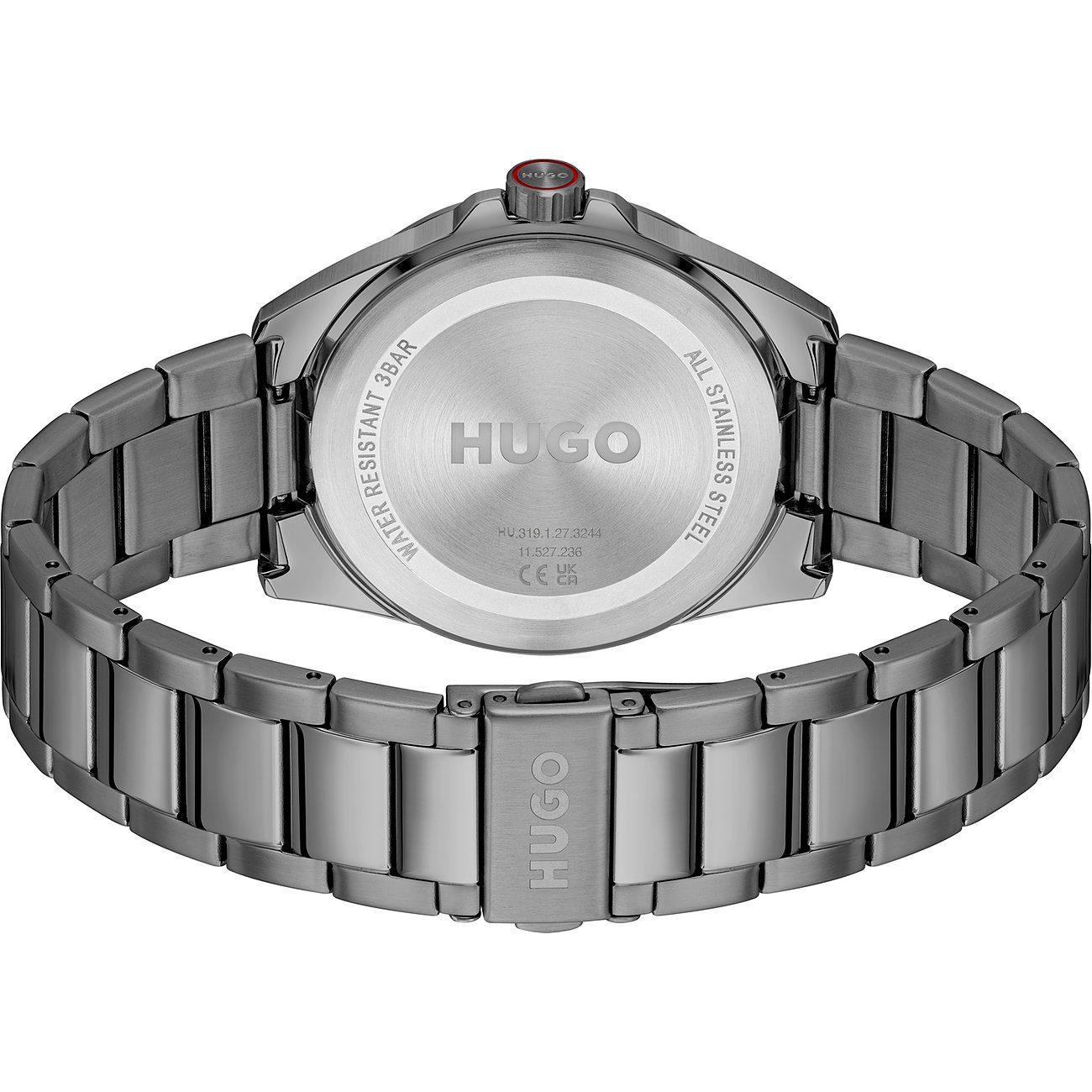 Achterkant van een Hugo herenhorloge in donkergrijs roestvrij staal, met gegraveerd Hugo-logo en technische details.