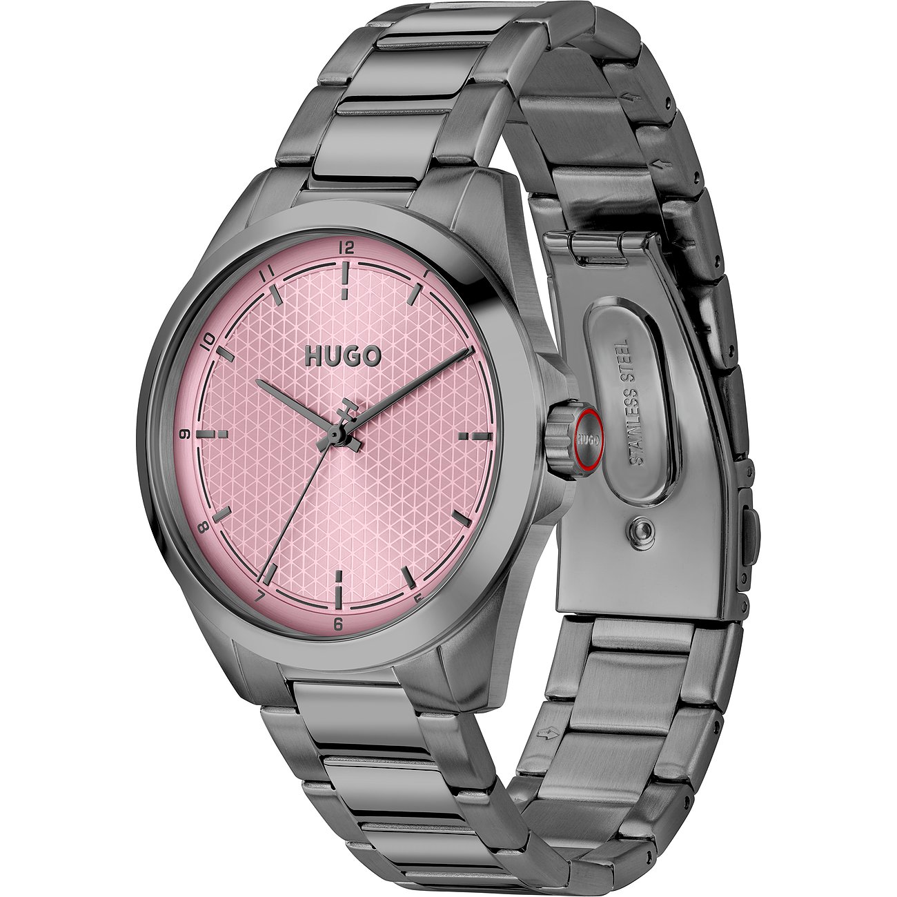 Hugo herenhorloge, roestvrij staal, roze wijzerplaat met geometrisch patroon, schuin van bovenaf gefotografeerd.