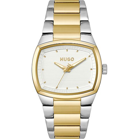 Hugo Herrenuhr aus Edelstahl in Gold- und Silberfarben mit hellem Zifferblatt, frontal fotografiert.