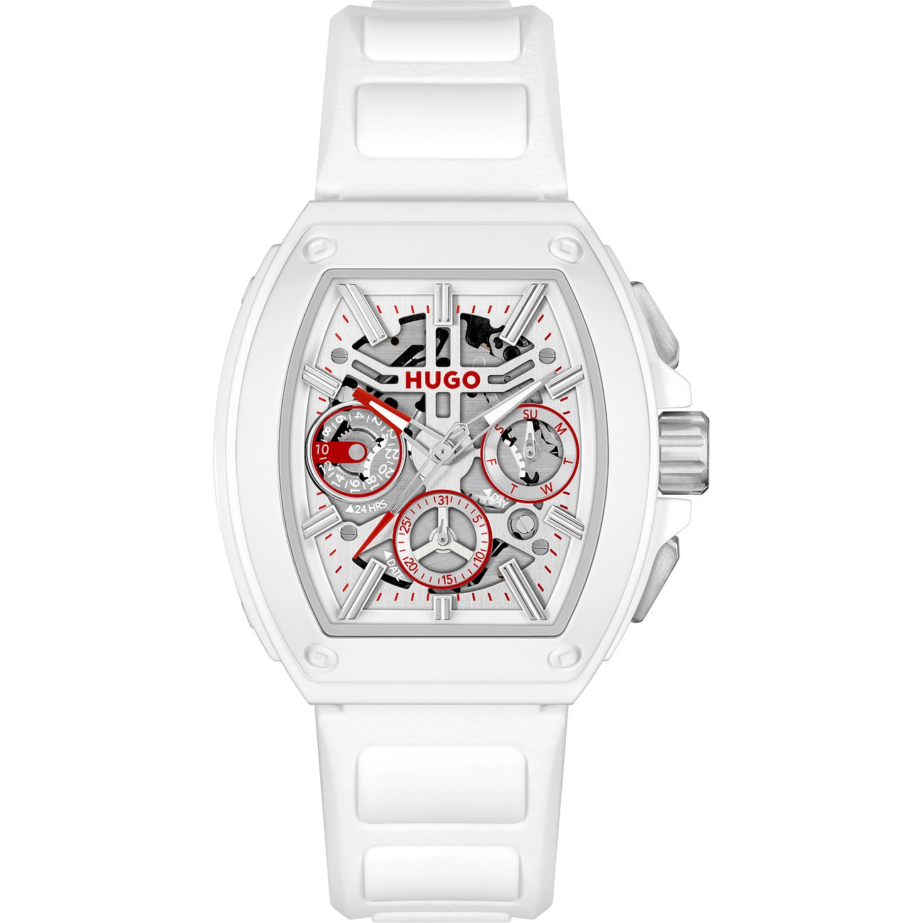 Hugo herenhorloge edelstaal met witte band, witte wijzerplaat en rode accenten.