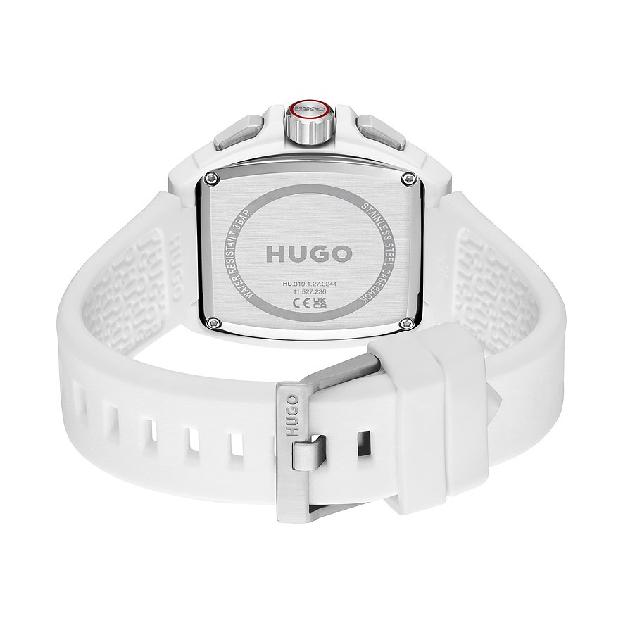 Achteraanzicht van het Hugo herenhorloge van roestvrij staal met witte band, gesloten met een doorngesp.