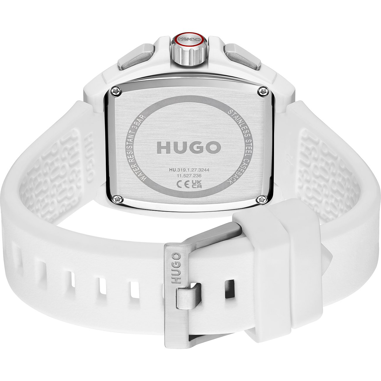 Achteraanzicht van het Hugo herenhorloge van roestvrij staal met witte band, gesloten met een doorngesp.